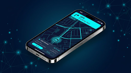 Aplicación móvil SurByte GPS mostrando monitoreo vehicular en tiempo real, mapa oscuro, ruta y ubicación de vehículo conectado